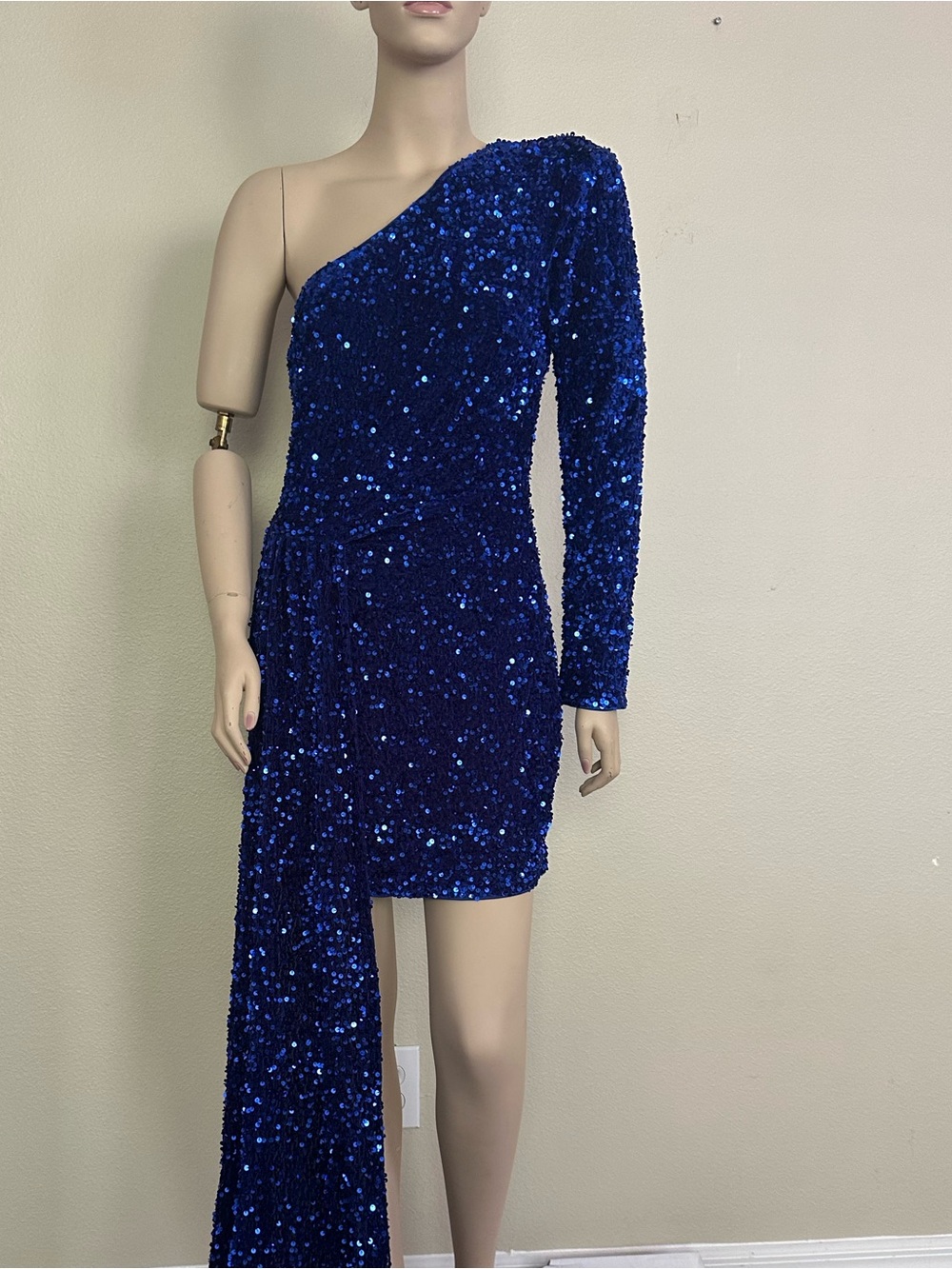 Royal Blue One-Shoulder Sequin Mini Dress with Drape
